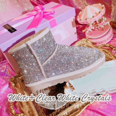Super Bling and Sparkly Short SheepSkin Wool BOOTS w shinning Czech crystals