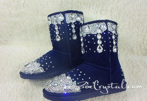 New Color**PROMOTION WINTER Blue Leather Sheepskin Fleech/Wool Boots with shinning and stylish CRYSTALS