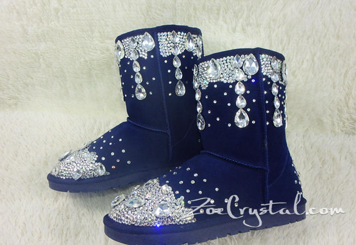 PROMOTION WINTER Blue Leather Sheepskin Fleech/Wool Boots with shinning and stylish CRYSTALS