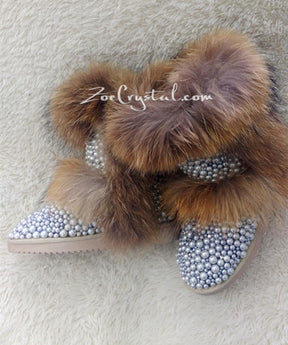 New Color**PROMOTION WINTER Bling and Sparkly Double Layers Fur SheepSkin Wool BOOTS w shinning Czech or Swarovski Crystals and Pearls