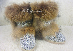 PROMOTION WINTER Bling and Sparkly Double Layers Fur SheepSkin Wool BOOTS w shinning Czech or Swarovski Crystals and Pearls