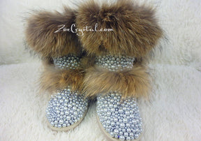 New Color**PROMOTION WINTER Bling and Sparkly Double Layers Fur SheepSkin Wool BOOTS w shinning Czech or Swarovski Crystals and Pearls