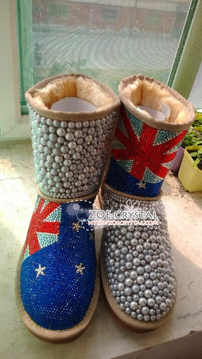 New**England Flag Style WINTER Bling and Sparkly Creamy White Pearls Wool BOOTS w shinning Czech or Swarovski crystals