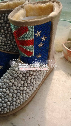 England Flag Style WINTER Bling and Sparkly Creamy White Pearls Wool BOOTS w shinning Czech or Swarovski crystals