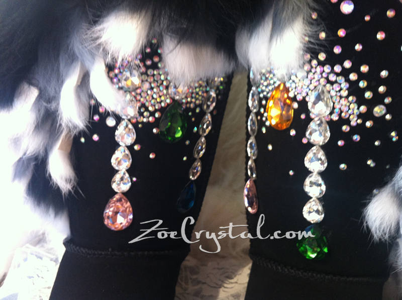 WINTER Black Fur Bling and Sparkly SheepSkin Wool BOOTS w shinning Czech or Swarovski crystal in LOLITA Style
