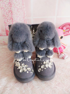 New **PROMOTION WINTER Bling and Sparkly Rabbit Fur SheepSkin Wool BOOTS w shinning Czech or Swarovski Crystals