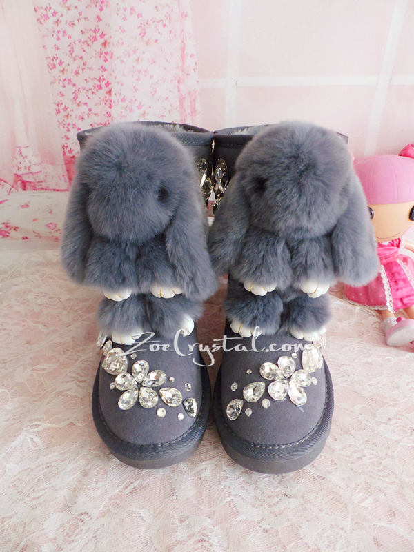 New **PROMOTION WINTER Bling and Sparkly Rabbit Fur SheepSkin Wool BOOTS w shinning Czech or Swarovski Crystals