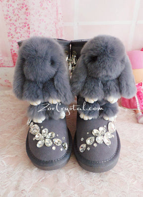PROMOTION WINTER Bling and Sparkly Rabbit Fur SheepSkin Wool BOOTS w shinning Czech or Swarovski Crystals
