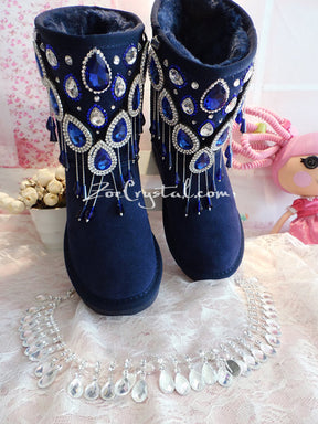 PROMOTION WINTER Navy Blue Sheepskin Fleech/Wool Boots with shinning and Princess CRYSTALS