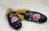 Bling and Sparkly Crystal Rose Print Leather with Fur Slipper