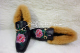 Bling and Sparkly Crystal Rose Print Leather with Fur Slipper