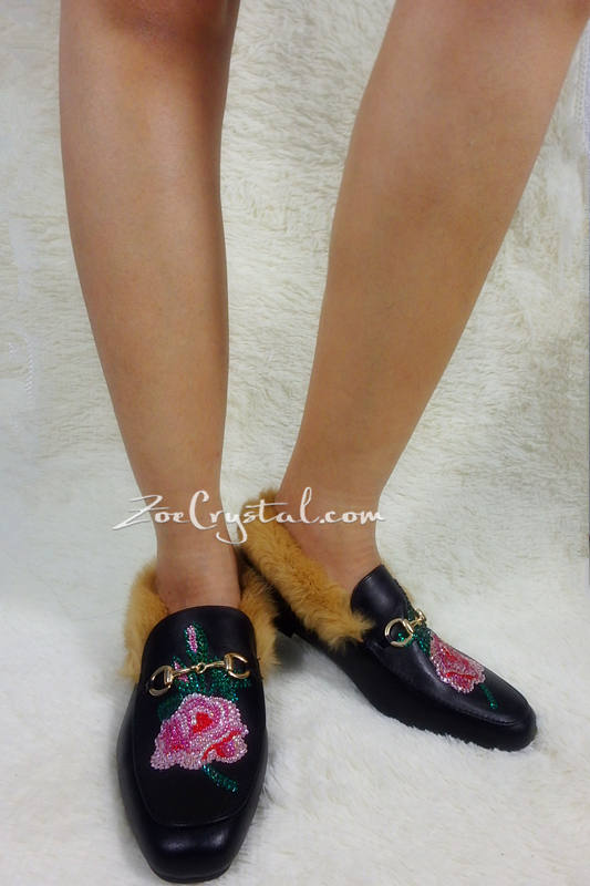 New**Bling and Sparkly Rose Print Leather with Fur Slipper made of Czech / Swarovski crystals