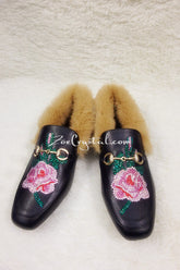 Bling and Sparkly Crystal Rose Print Leather with Fur Slipper