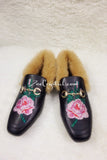 New**Bling and Sparkly Rose Print Leather with Fur Slipper made of Czech / Swarovski crystals