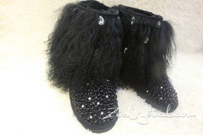 PROMOTION: WINTER Bling and Sparkly Black Curly Fur SheepSkin Wool Boots w Pearls and Big STONES