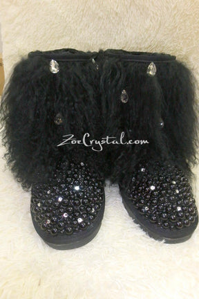 New Color**PROMOTION: WINTER Bling and Sparkly Black Curly Fur SheepSkin Wool Boots w Pearls and Big STONES