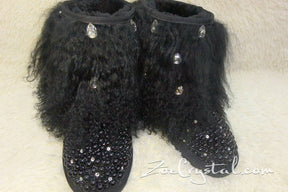 PROMOTION: WINTER Bling and Sparkly Black Curly Fur SheepSkin Wool Boots w Pearls and Big STONES