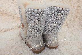 PROMOTION WINTER Bailey Button White Sheepskin Fleech/Wool Boots with shinning and stylish CRYSTALS and Pearls