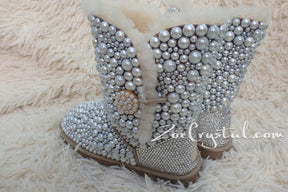 PROMOTION WINTER Bailey Button White Sheepskin Fleech/Wool Boots with shinning and stylish CRYSTALS and Pearls