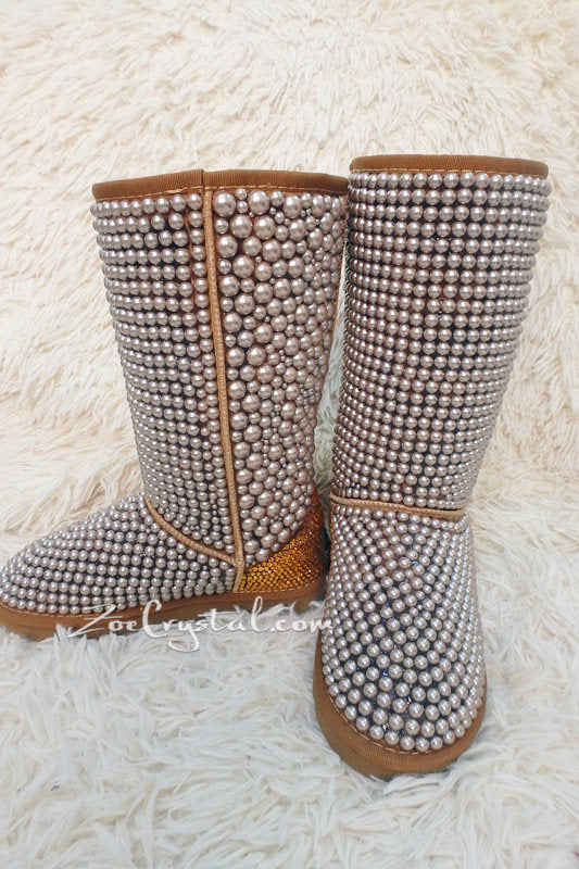 PROMOTION WINTER Bling and Sparkly Tall Brown and Gold Pearls SheepSkin Wool BOOTS w shinning Czech or Swarovski crystals