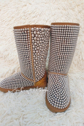 New Color**PROMOTION WINTER Bling and Sparkly Tall Brown and Gold Pearls SheepSkin Wool BOOTS w shinning Czech or Swarovski crystals