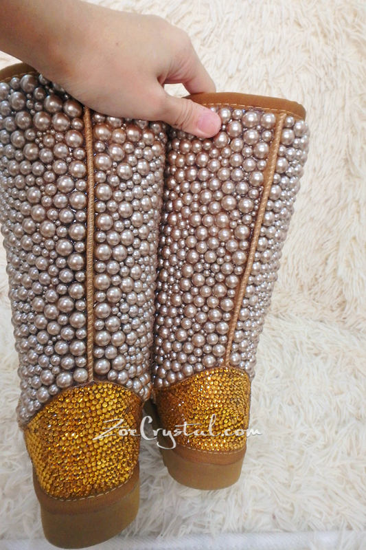 PROMOTION WINTER Bling and Sparkly Tall Brown and Gold Pearls SheepSkin Wool BOOTS w shinning Czech or Swarovski crystals