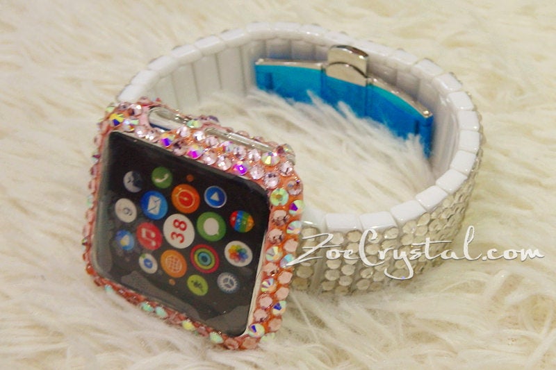 Apple Watch Bling Bedazzled Pink Mixed Ab Crystal Case Protector Cover with a Silver White Swarovski Glitter Strass Band Strap
