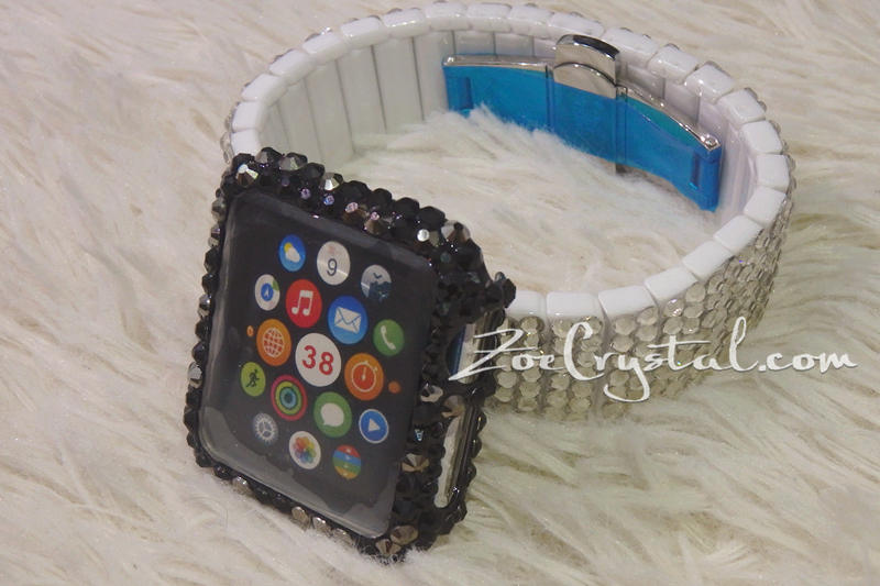Bling Apple Watch Black Mixed Grey Crystal Case/Protector/Cover with a Silver White Swarovski iWatch Band/Strap