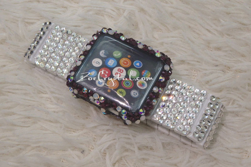 Bling Apple Watch Purple Mixed Ab opal  Crystal Case/Protector/Cover with a White Swarovski iWatch Band/Strap