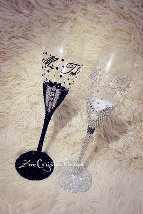 WEDDING BRIDE GROOM Champagne Toasting Flutes or Glasses with Bling & Bedazzled Crystal Rhinestones Optional to pick Swarovski