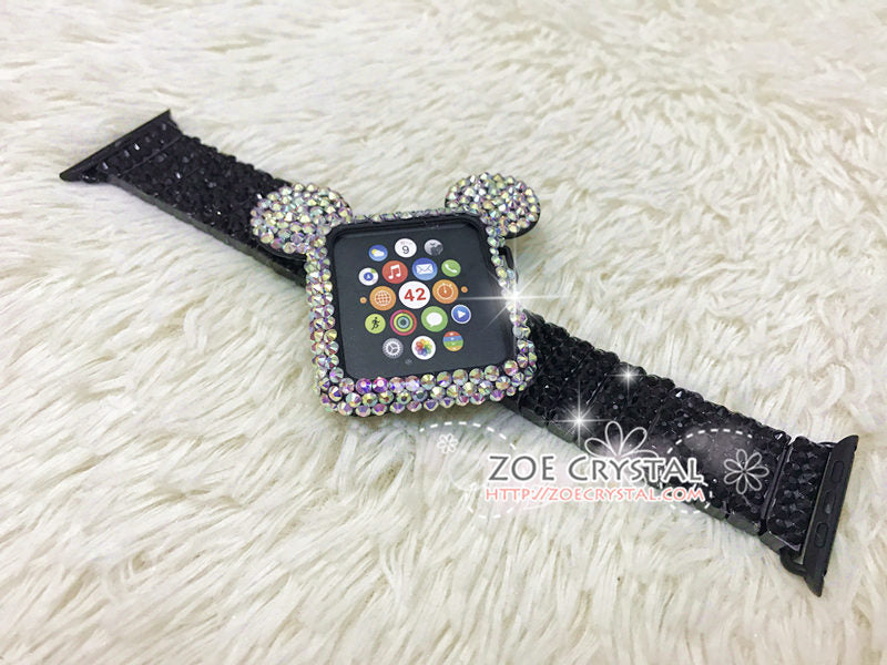 BEDAZZLED Apple Watch ab White Swarovski Case/ Protector / Cover with a Black Rhinestone iWatch Band / Strap