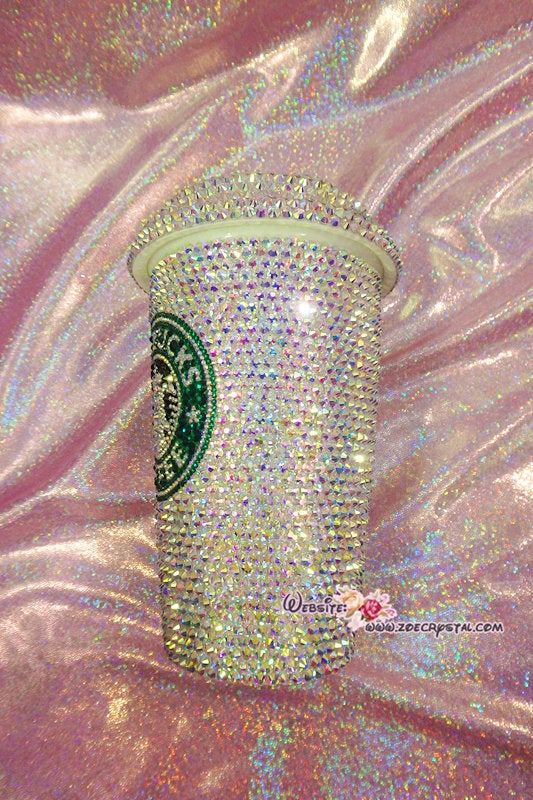 Bedazzled BLING STARBUCKS Coffee Cup / Mug / Tumbler Glitter Sparky Shinny w Swarovski Crystal Rhinestone Diamond Aurora white bejeweled Zoe