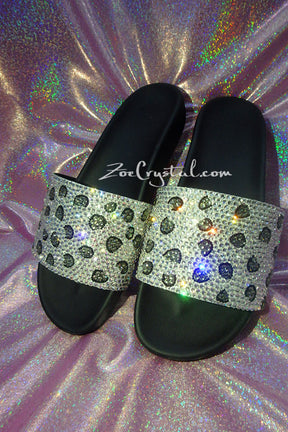 NEW Bling Bedazzled SANDALS SLIDES Slippers with Snow Leopard Print Fashinable Cool Shinny Sparkly Crystal Rhinestone Glitter