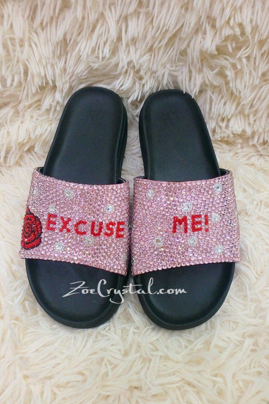 Customized Bling Bedazzled SANDALS / SLIDES / Slippers with Rose and Words Fashionable Cool Shinny Sparkly Crystal Rhinestone Glitter