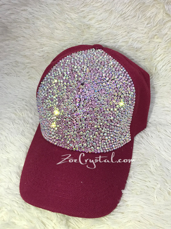 CUSTOMIZED BLING Red CAP / Hat Bedazzled with Iridescent ab White Crystal Rhinestone Glitter Shinny Sparkly - Swarovski is available