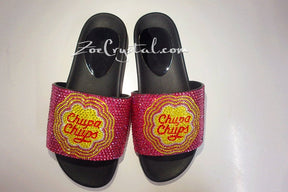 Customize Your SANDALS SLIDES Slippers - Example of Bling Bedazzled Chupa Chups with Stylish Fashionable Unique Shinny Sparkly Rhinestones