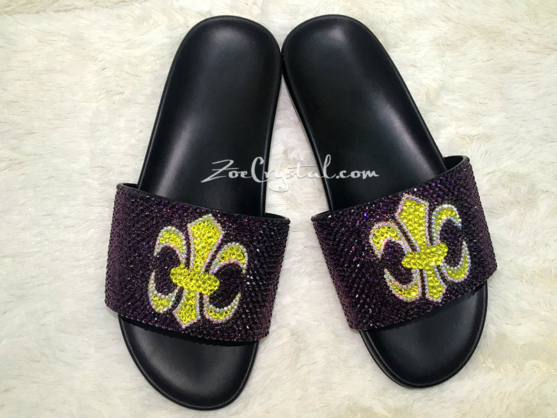NEW Bling Bedazzled Black SANDALS / SLIDES / Slippers with Yellow Cross Purple Fashinable Cool Shinny Sparkly Crystal Rhinestone Glitter