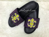 NEW Bling Bedazzled Black SANDALS / SLIDES / Slippers with Yellow Cross Purple Fashinable Cool Shinny Sparkly Crystal Rhinestone Glitter