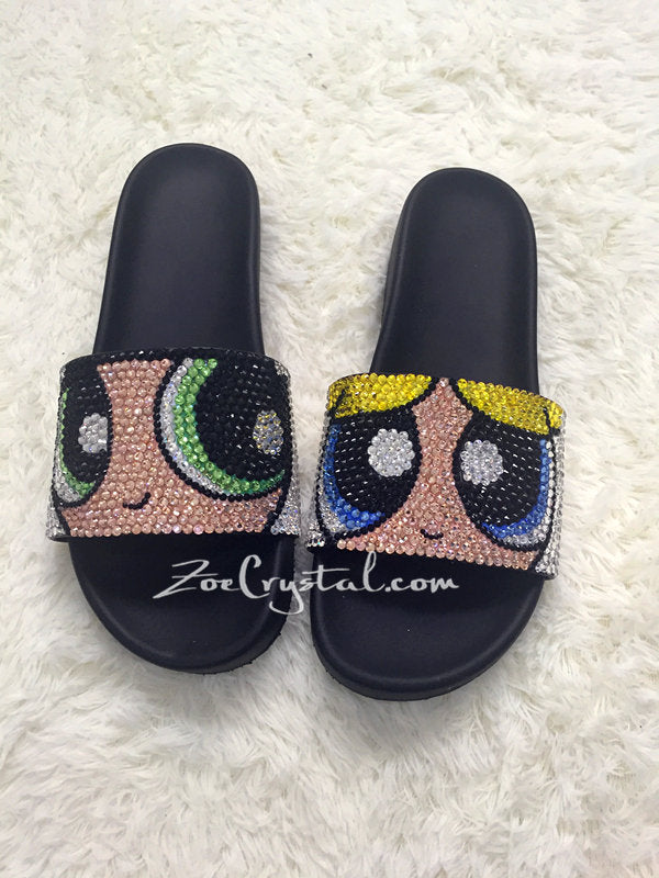 Customize Your SANDALS SLIDES Slippers in Summer Beach, Wedding, Fashion - Example of Bling Powerpuff Girls - Bedazzled Swarovski Rhinestone