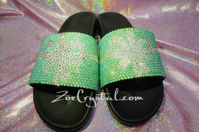 NEW Bling Bedazzled Black SANDALS / SLIDES / Slippers with Tiffany Bow Fashinable Cool Shinny Sparkly Crystal Rhinestone Glitter