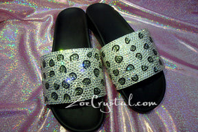 NEW Bling Bedazzled SANDALS SLIDES Slippers with Snow Leopard Print Fashinable Cool Shinny Sparkly Crystal Rhinestone Glitter