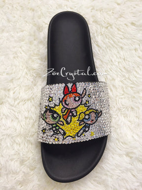 SUMMER Bling Bedazzled SANDALS SLIDES Slippers with the Powerpuff Girls Stylish Fashinable Cool Shinny Sparkly Crystal Rhinestone Glitter
