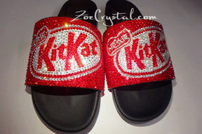 Customize Your SANDALS SLIDES Slippers in Summer Beach, Wedding - Example of Bling Bedazzled Kitkat -  Unique Shinny Swarovski Rhinestone