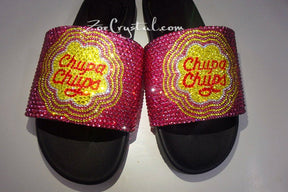 Customize Your SANDALS SLIDES Slippers - Example of Bling Bedazzled Chupa Chups with Stylish Fashionable Unique Shinny Sparkly Rhinestones