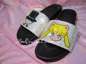 Customize Your SANDALS SLIDES Slippers in Summer Beach, Wedding, Fashion - Example of Sailor Moon & Tuxedo - Bedazzled Swarovski Rhinestone