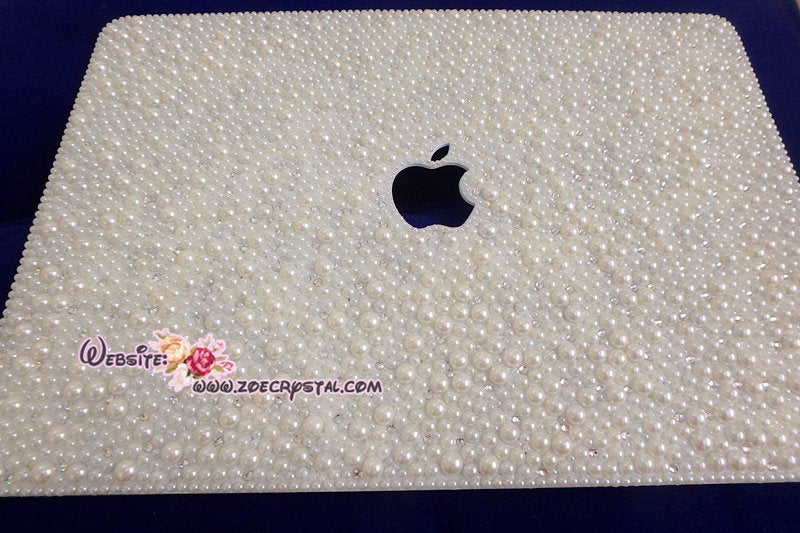MACBOOK Air Pro Case Cover Bedazzled Bling Creamy White Pearls Swarovski Rhinestone Sparkly Shinny Bejeweled