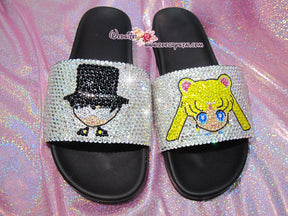 Customize Your SANDALS SLIDES Slippers in Summer Beach, Wedding, Fashion - Example of Sailor Moon & Tuxedo - Bedazzled Swarovski Rhinestone