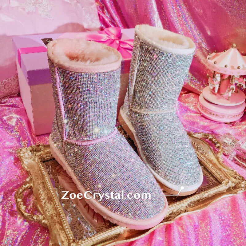 New**Super Bling and Sparkly middle high SheepSkin Wool BOOTS w shinning Czech crystals