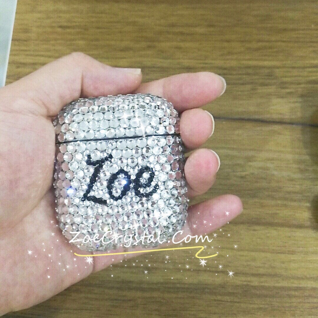 Bling and Bedazzled Airpod Charging Case / Cover /Holder in CLEAR WHITE Crystals personalised Pattern - Optional to Add Name or Words