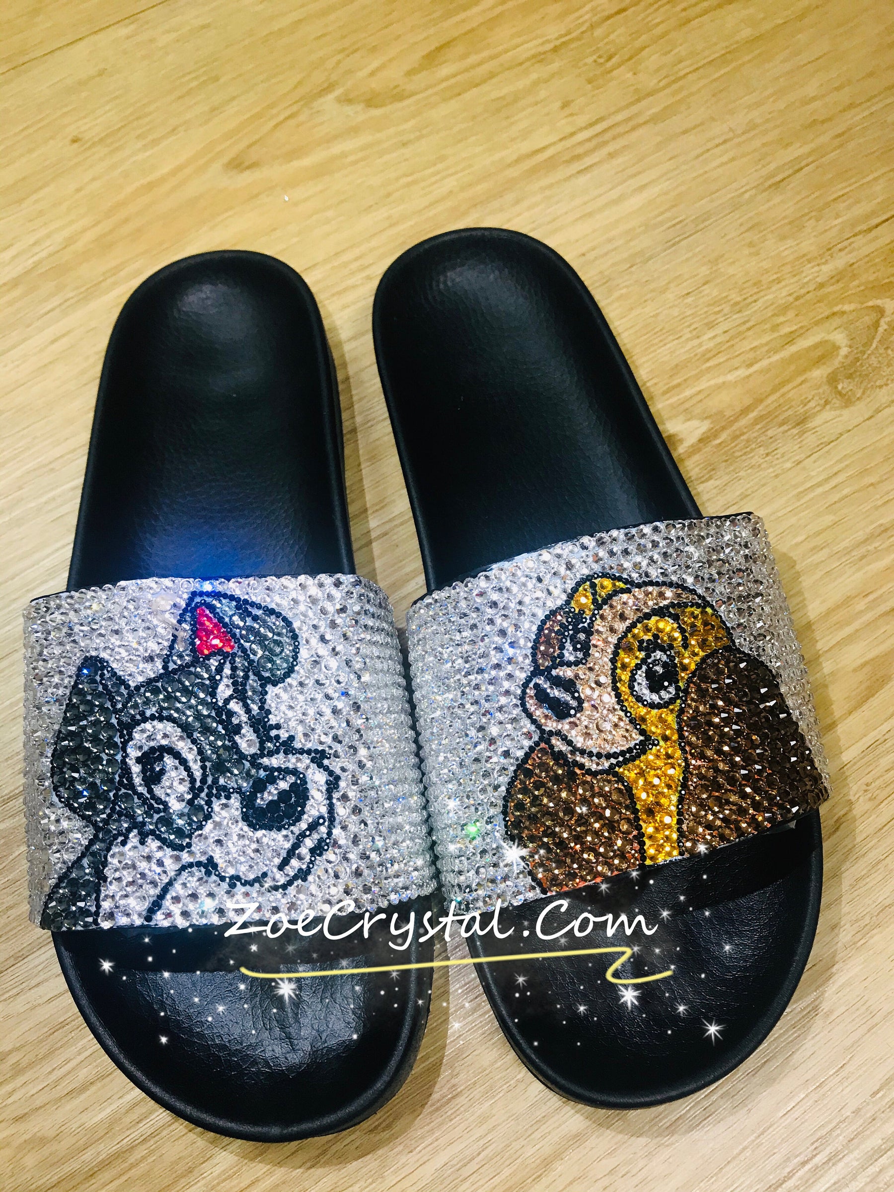 Customize Your SANDALS SLIDES Slippers in Summer Beach, Wedding, Fashion - Example of Lady and the tramp - Bedazzled Swarovski Rhinestone